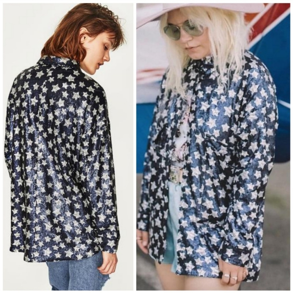 ZARA sequined star BLOGGER FAV! lined snap shirt jacket 2 large patch pockets - Picture 4 of 17